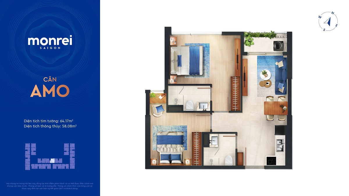 Layout căn hộ 2PN Amo Monrei Saigon