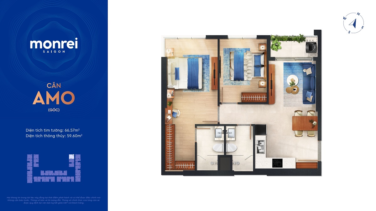Layout căn hộ 2PN Amo Góc Monrei Saigon