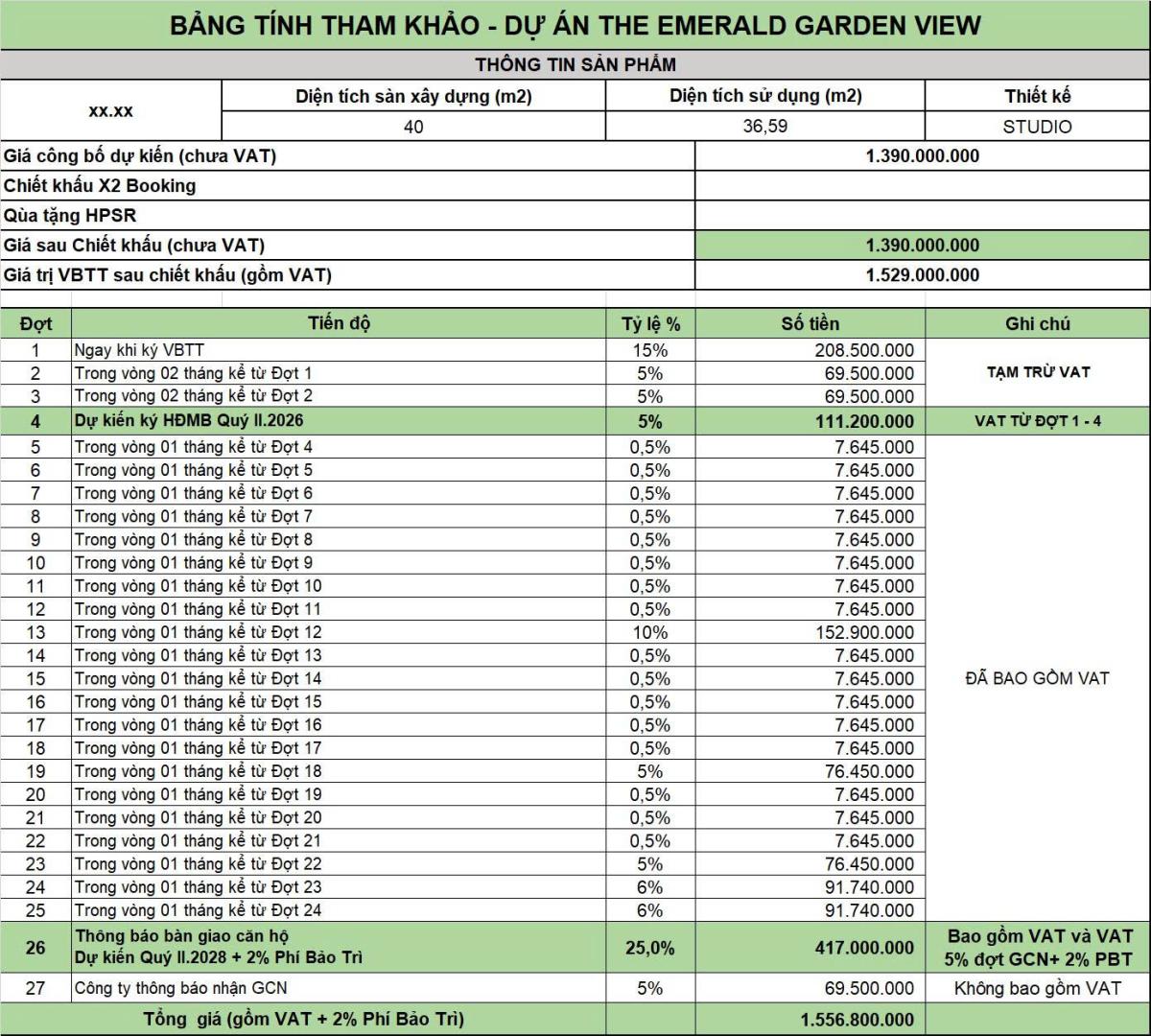 Bảng giá studio Emerald Garden View