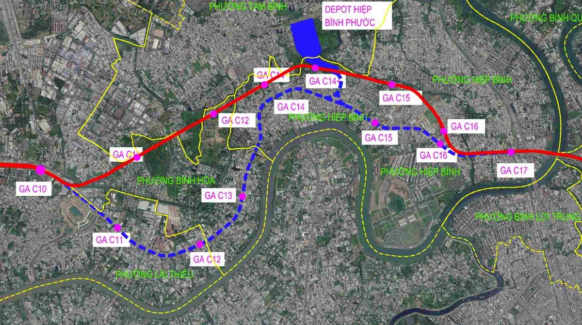 Đoạn Metro Thủ Dầu Một đi theo đường màu đỏ thay vì đi dọc Quốc lộ 13