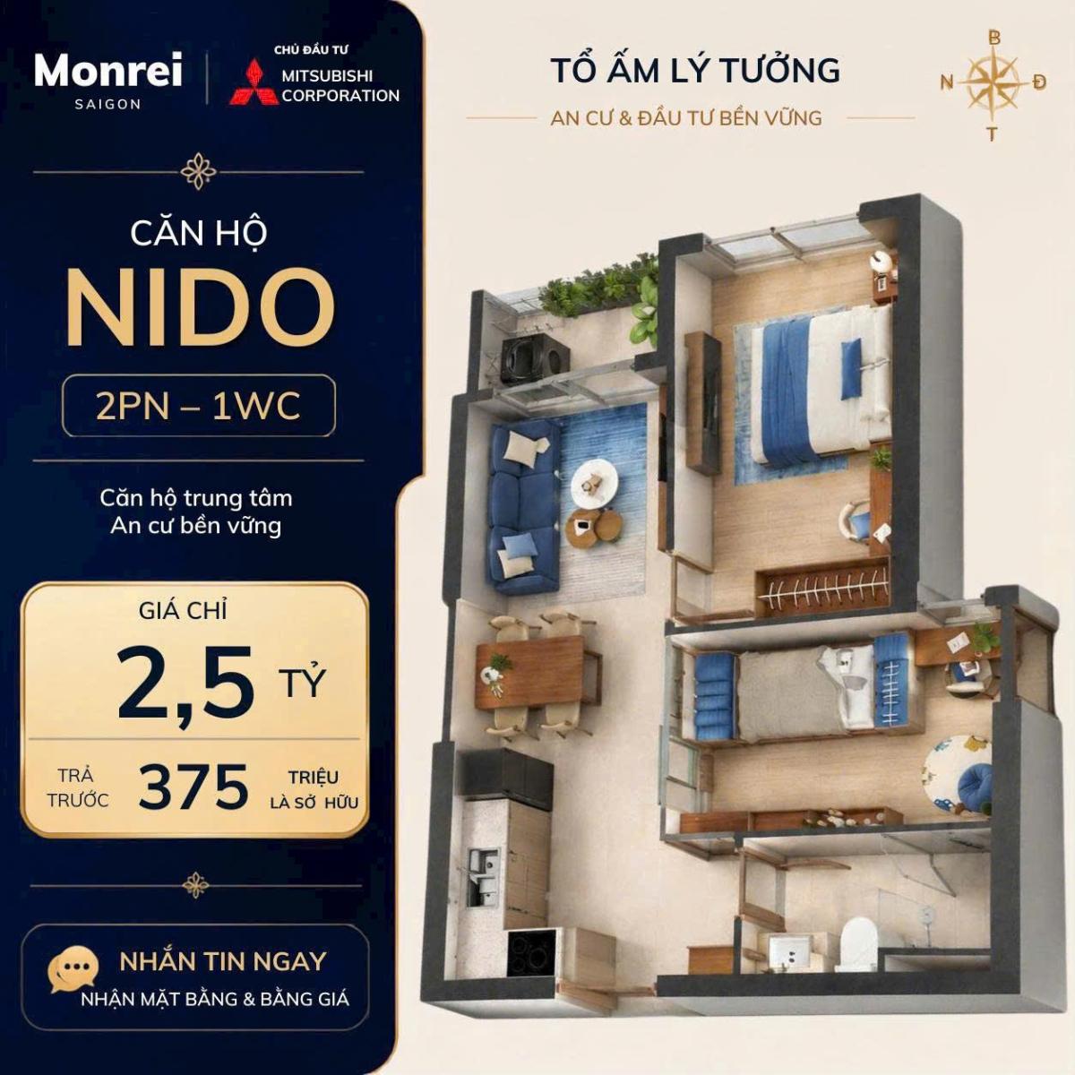 Layout mặt bằng căn hộ Nido 2PN Monrei Saigon