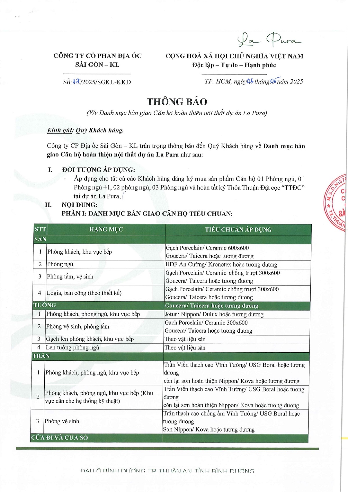 Danh mục bàn giao căn hộ La Pura