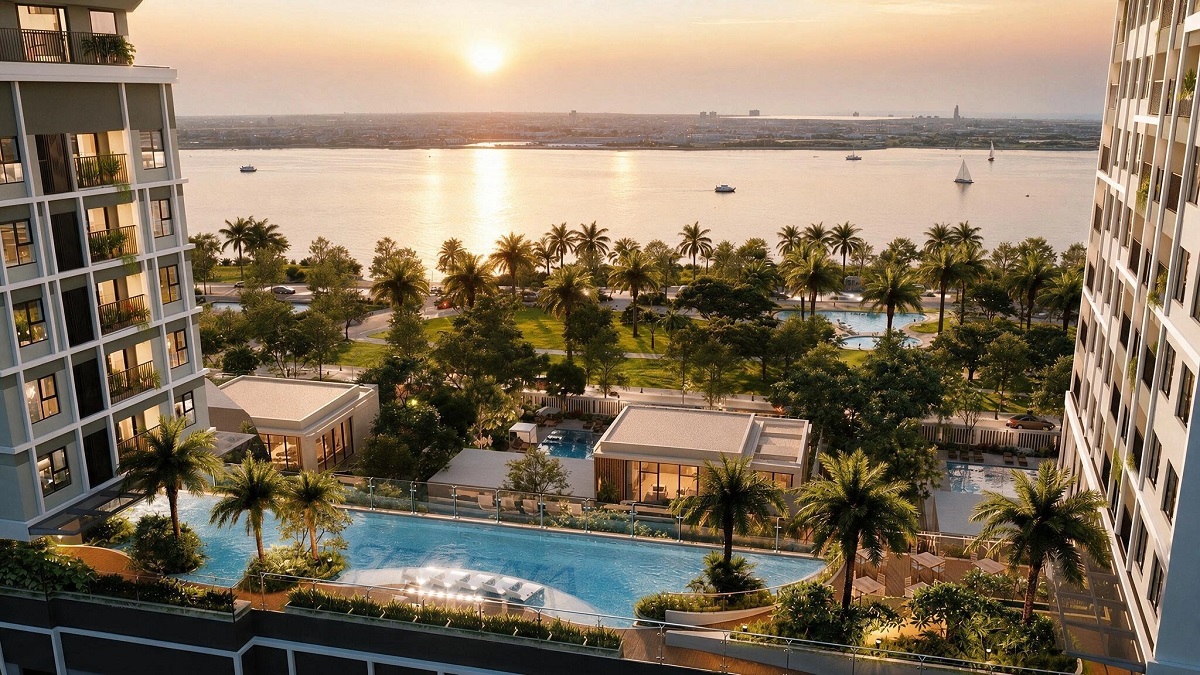 Không gian tiện ích nội khu và tầm nhìn hoàng hôn trên sông Sài Gòn tại Serena Riverside