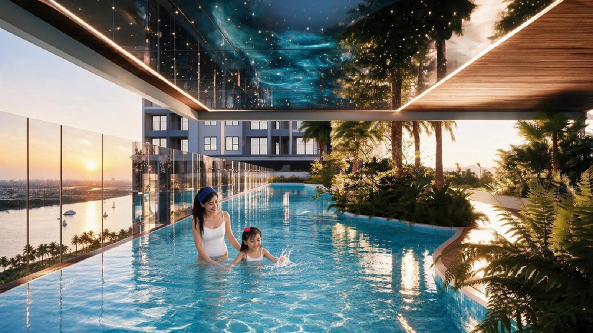 Gia đình tận hưởng tiện ích hồ bơi view sông tại Serena Riverside Mẹ và bé vui chơi tại hồ bơi vô cực view sông Sài Gòn của Serena Riverside