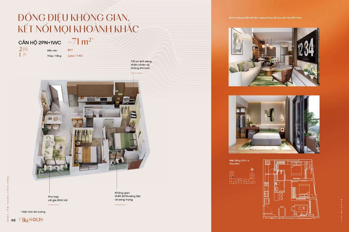 Layout căn hộ 2PN 1WC Sky Solis 71m2