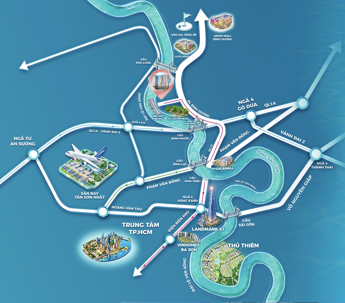 Bản đồ vị trí dự án Serena Riverside liền kề Đại lộ ven sông Sài Gòn và Quốc lộ 13